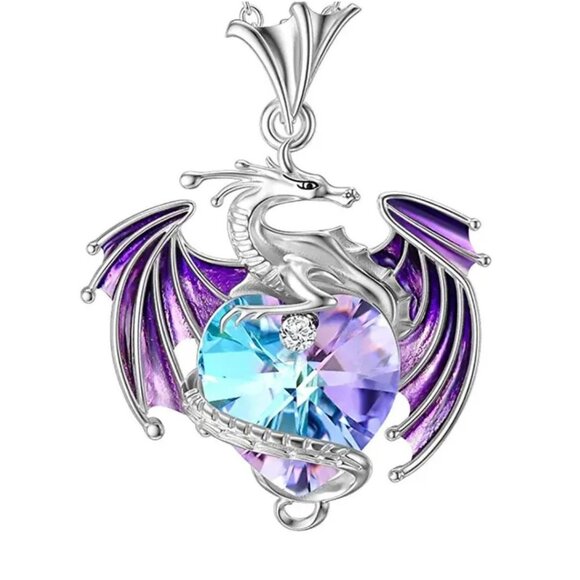 Dragon Pendant on Purple / Blue Heart Silver Tone Necklace with Crystals - Picture 1 of 1